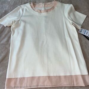 NWT $750 ST JOHN Wool Silk Blend Cream and Pink Short Sleeve Top 14